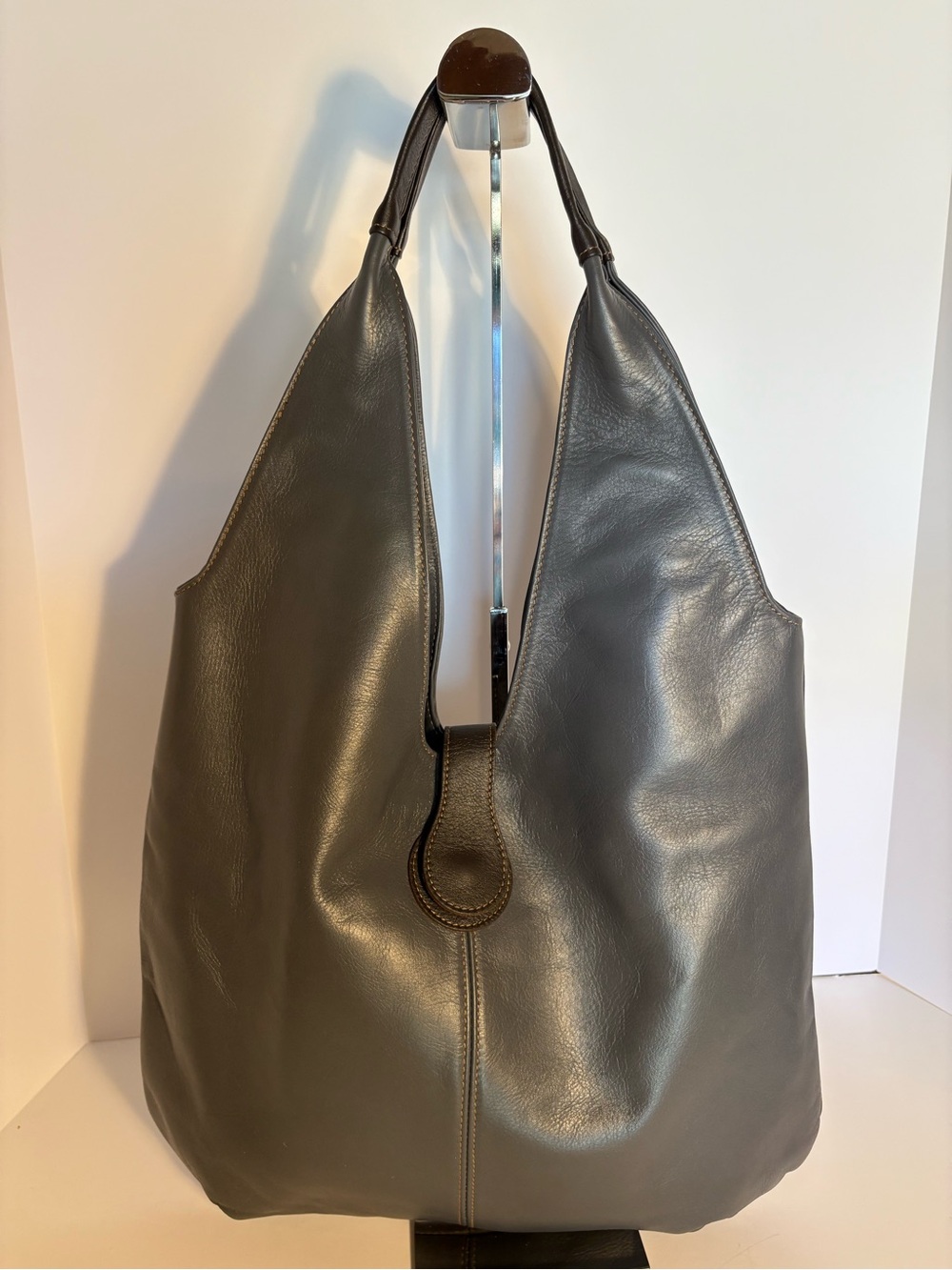 Sleek Gray Italian Leather Hobo Shoulder Bag